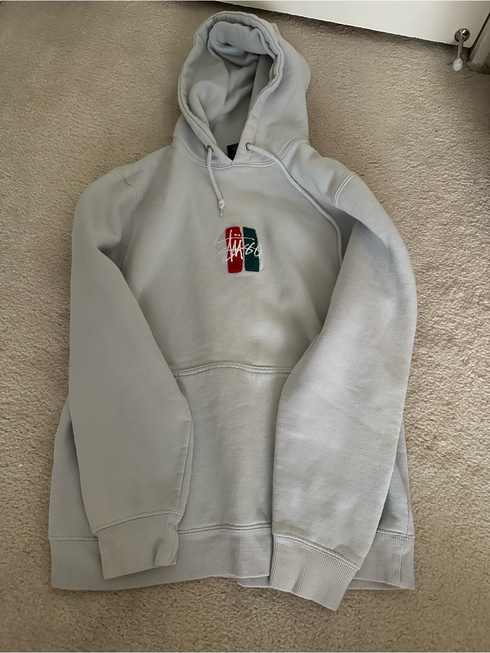 Stussy Light Gray Pullover Hoodie with Center Label